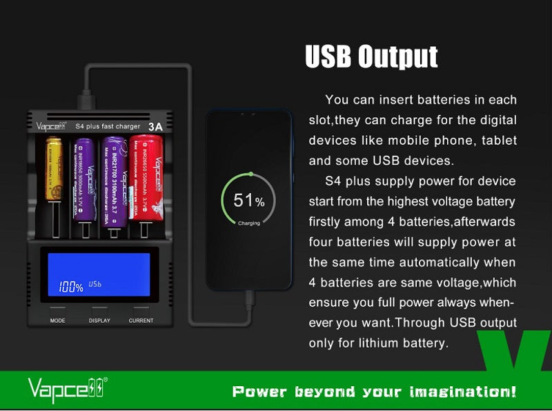 Vapcell S4 Plus Intelligent 4 Bay Rechargeable Battery Charger and Discharge Tester