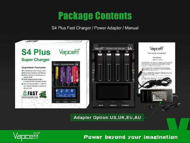 Vapcell S4 Plus Intelligent 4 Bay Rechargeable Battery Charger and Discharge Tester