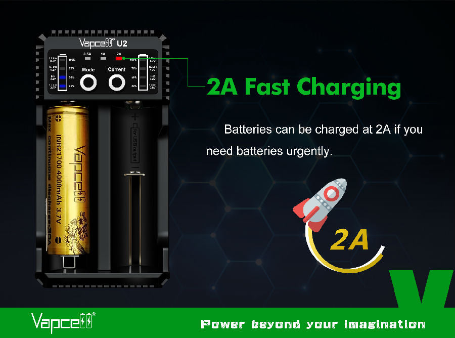 Vapcell U2 Intelligent LED 2 Bay Rechargeable Battery 2A Fast Charger