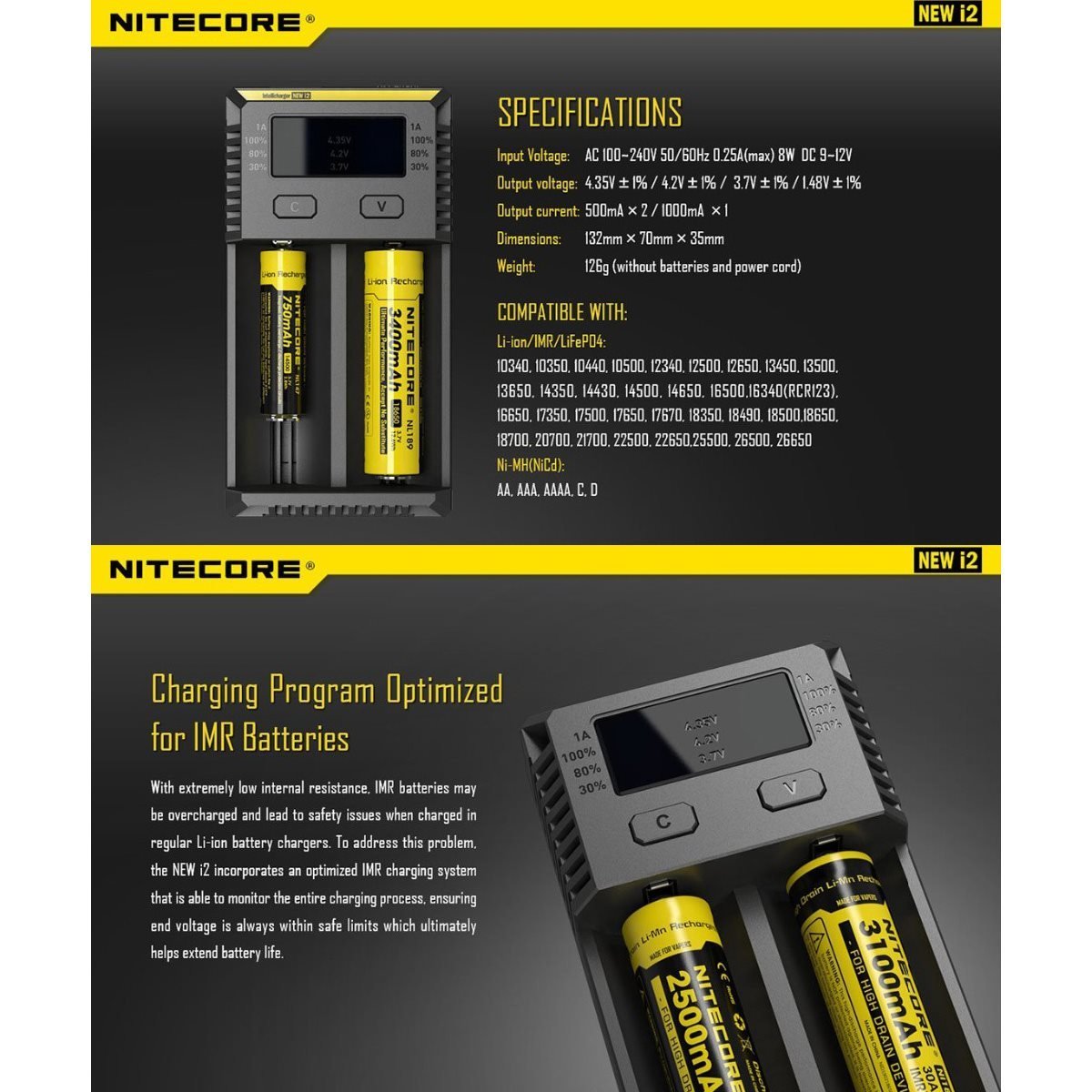 NITECORE New i2 Intellicharger 2 Bay Rechargeable Battery Charger