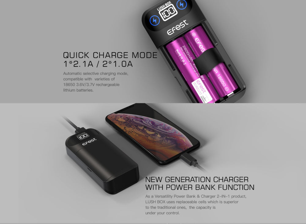 Efest Lush Box Intelligent LED Rechargeable 18650 Battery Charger & Power Bank Features Part 1