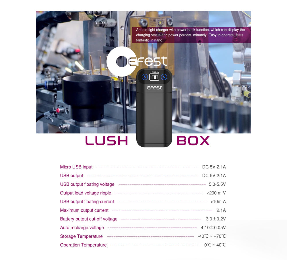 Efest Lush Box Intelligent LED Rechargeable 18650 Battery Charger & Power Bank Spec Sheet