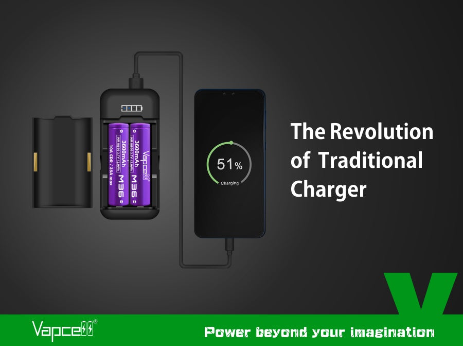 Vapcell P2 Intelligent Rechargeable 18650 Battery Charger & Portable Power Bank