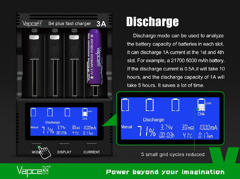Vapcell S4 Plus Intelligent 4 Bay Rechargeable Battery Charger and Discharge Tester