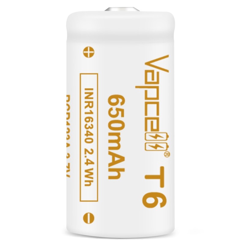 Vapcell T6 INR 16340 RCR123A 6A 650mAh High Drain Button Top Rechargeable Battery